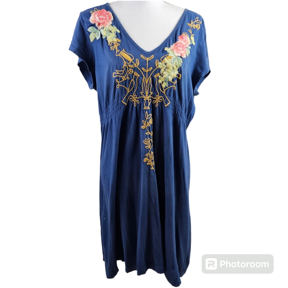 Johnny Was Navy Mini Dress with Pink Rose & Gold Embroidery